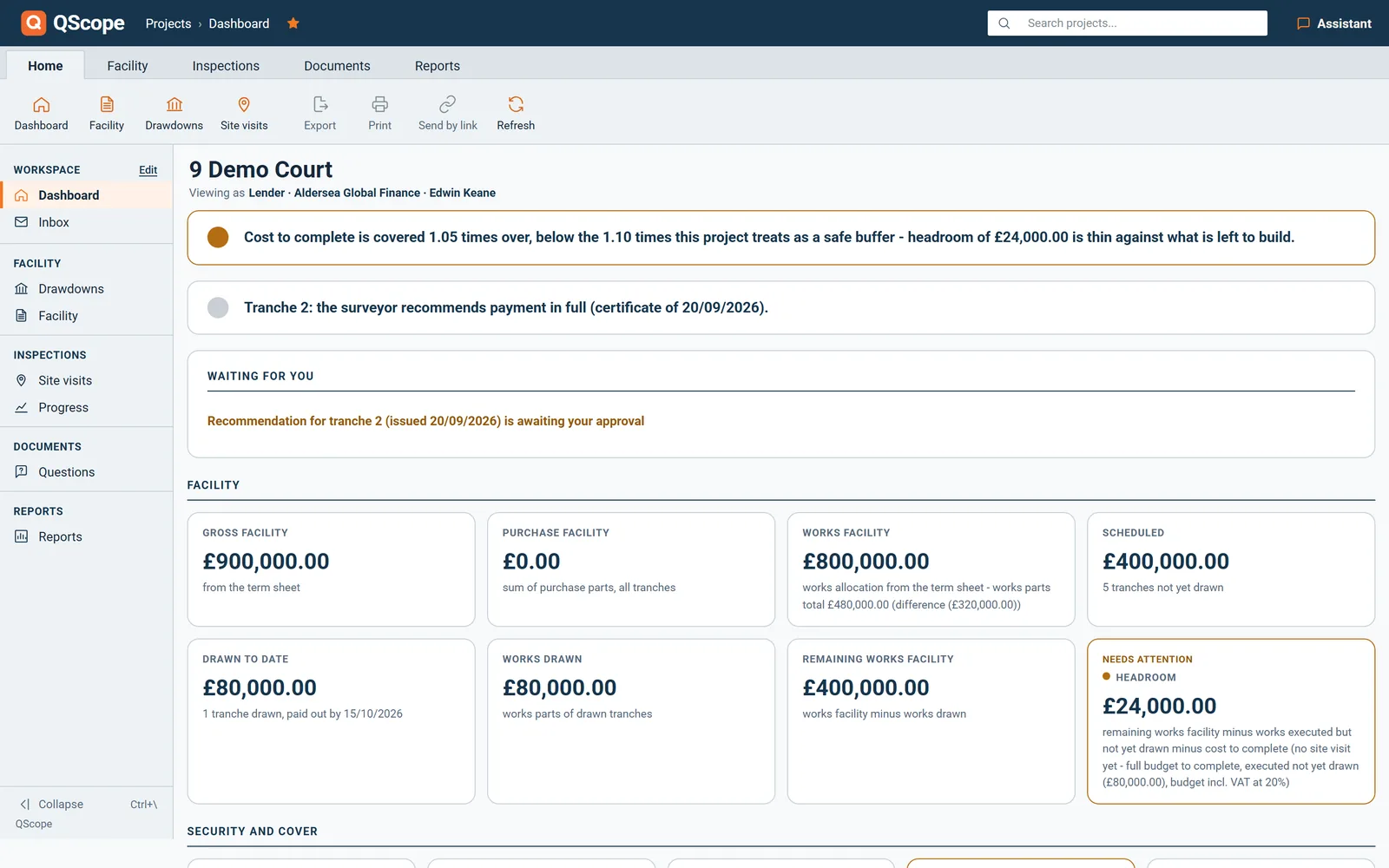 The lender view: facility position, the tranche waiting for a decision, approve or query