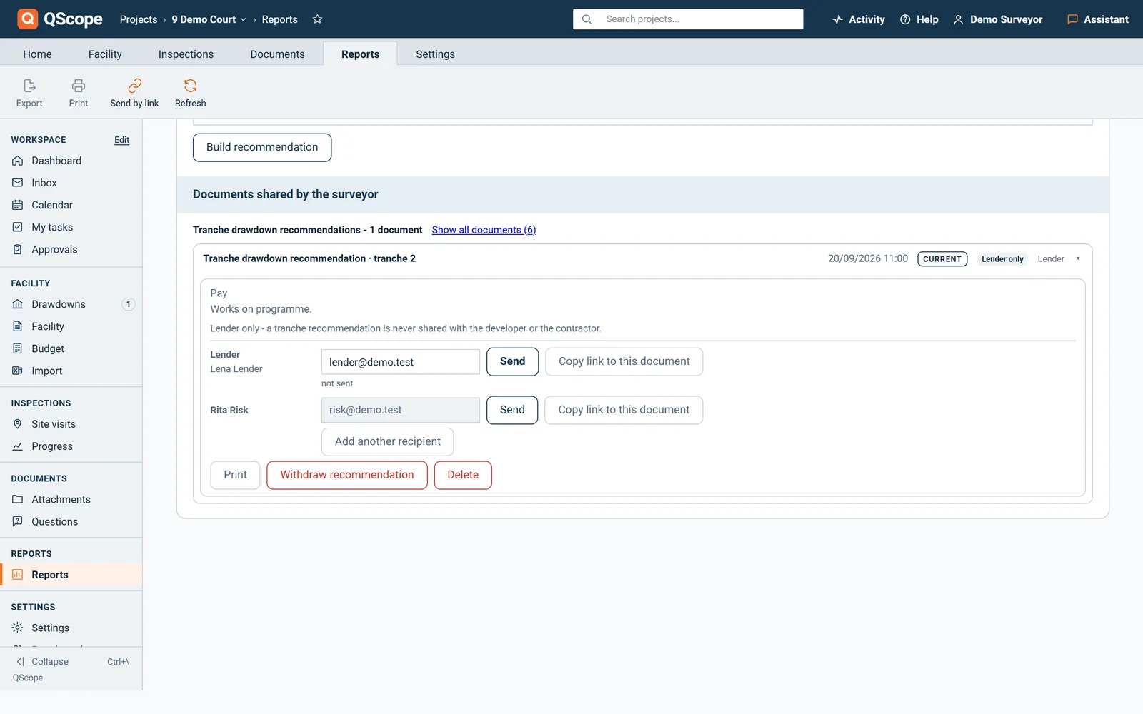 Documents shared by the surveyor: each report sent to the lender or borrower by its own link, with opens