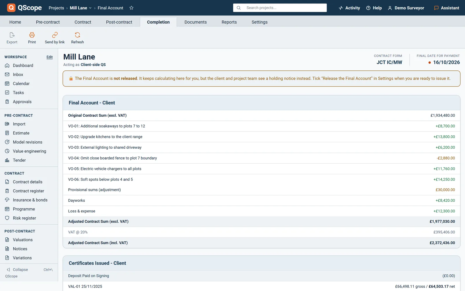 Final account screen: original contract sum, each variation and adjustment, the adjusted contract sum and certificates issued