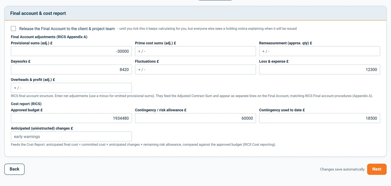 Final account settings: adjustments for provisional sums, prime cost, remeasurement, dayworks, fluctuations and loss and expense