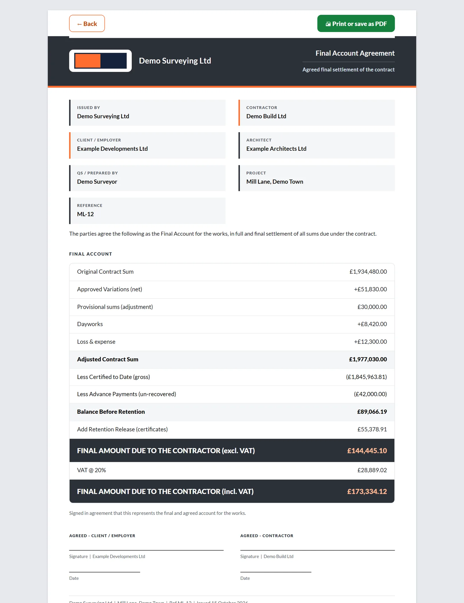 Printed Final Account Agreement with the adjusted contract sum, certificates issued, balance and signature blocks for both parties