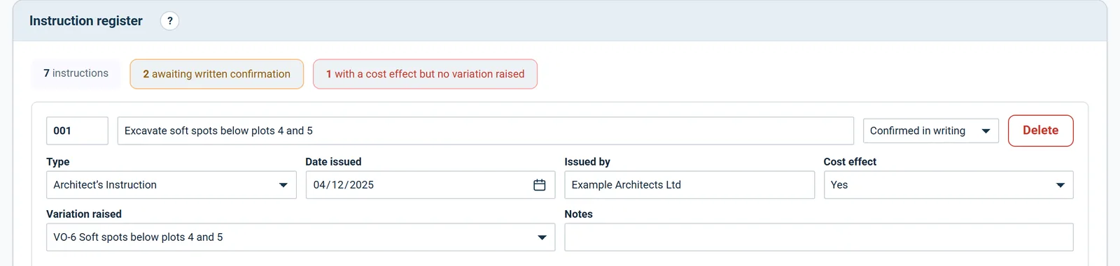 Instruction register warnings: awaiting written confirmation, and a cost effect with no variation raised