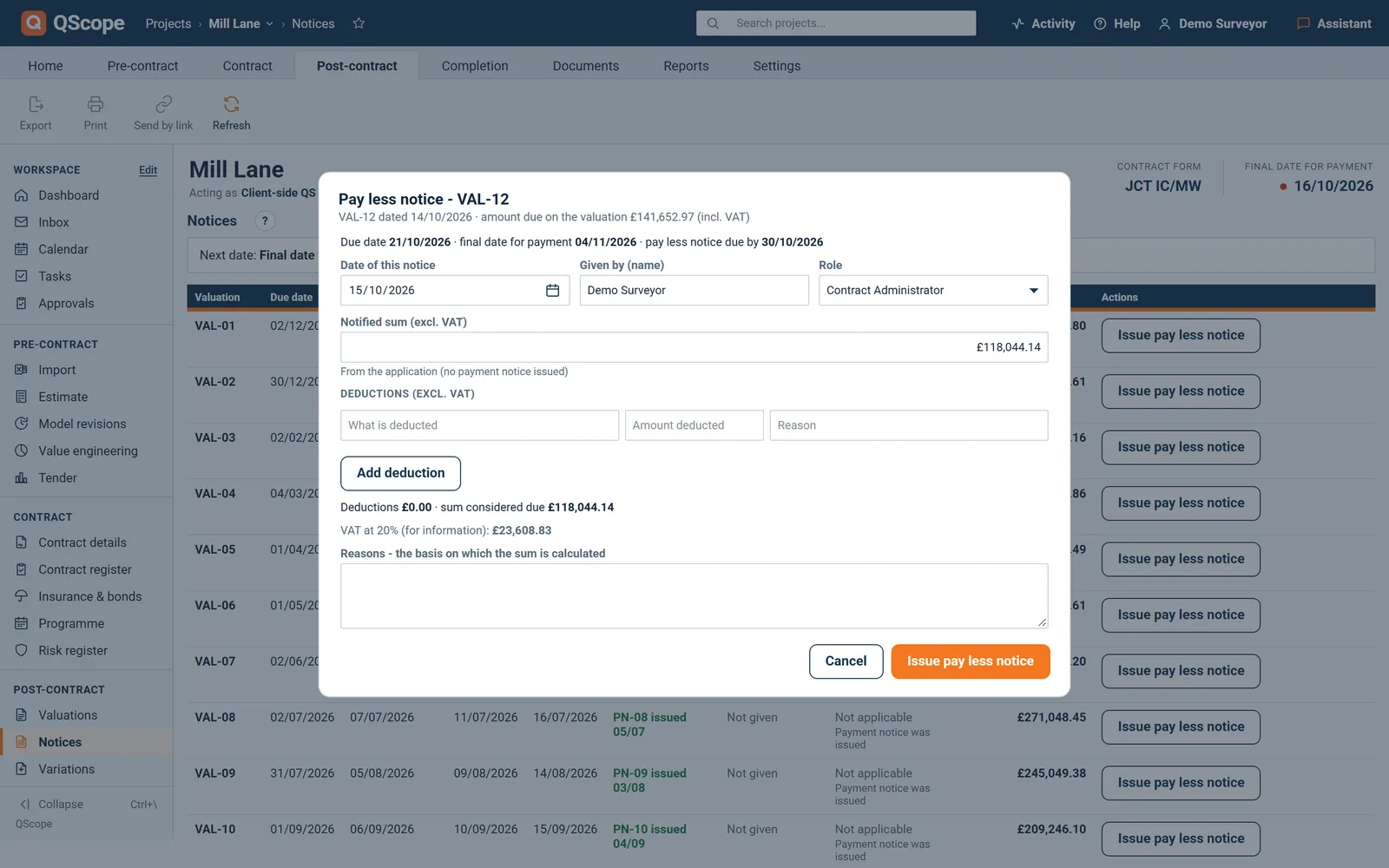 Issuing a pay less notice: notified sum, deductions with description, amount and reason, and the reasons for paying less