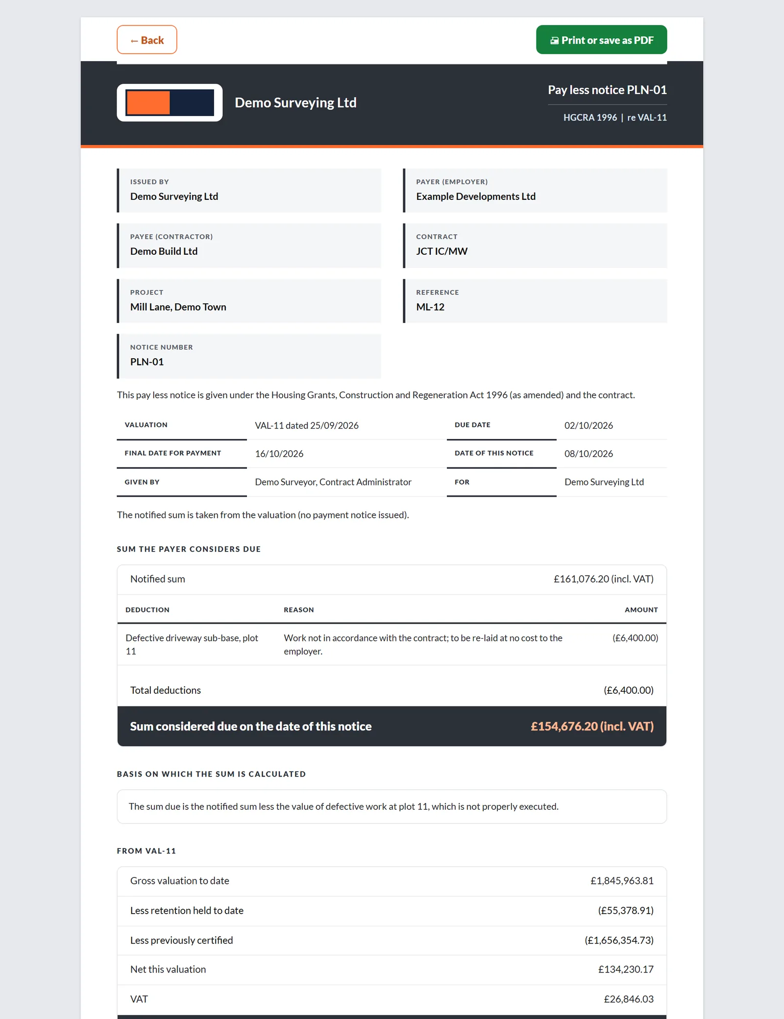 Printed pay less notice: sum stated as due, amounts withheld and their basis, final date and signature blocks