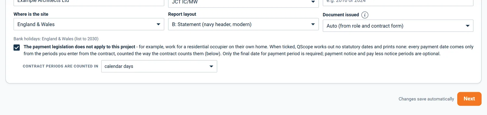 Settings: where the site is for bank holidays, and the option for a contract outside the Construction Act