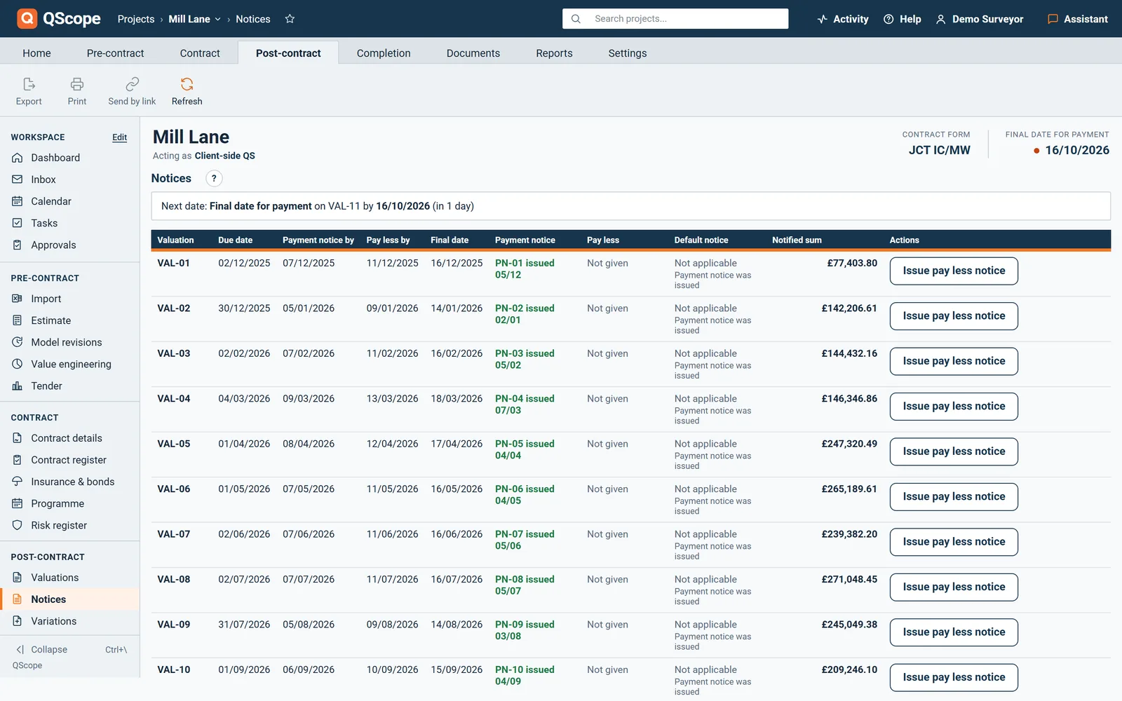 QScope Notices screen: for each valuation the due date, payment notice by, pay less by, final date, the notices given and the notified sum