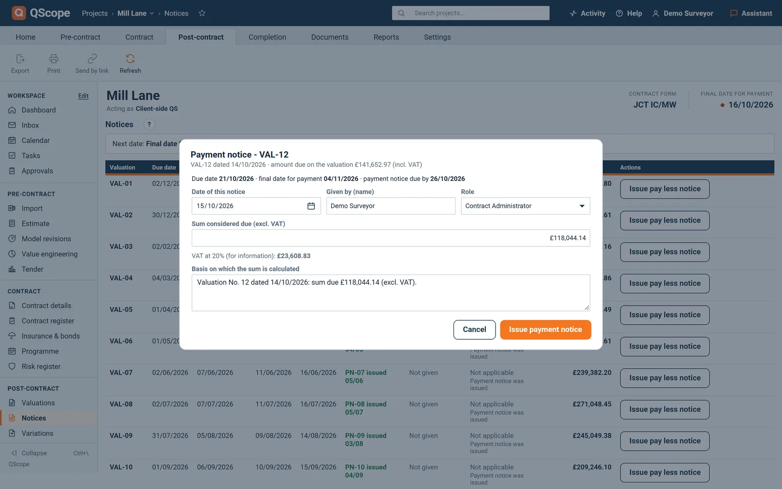 Issuing a payment notice: date, given by, role, the sum considered due and the basis on which it is calculated