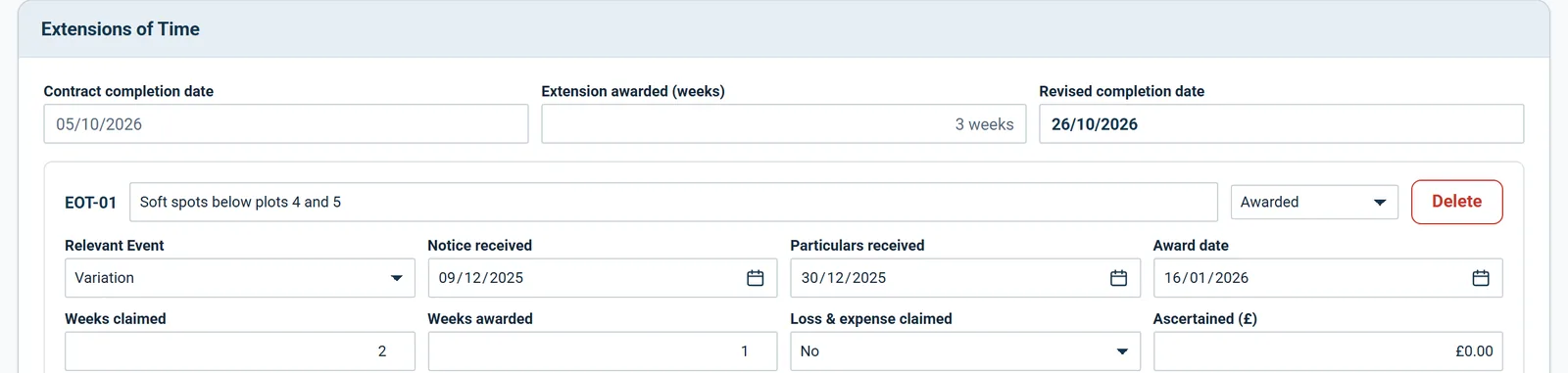 Extensions of time: revised completion date from weeks awarded