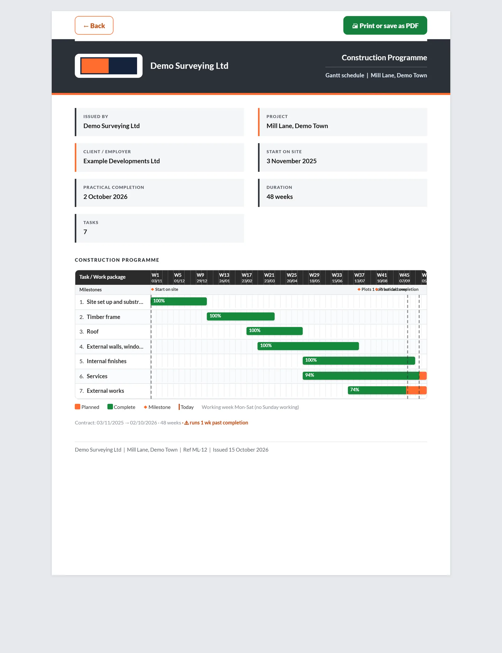 Printed Gantt programme with tasks against the contract period