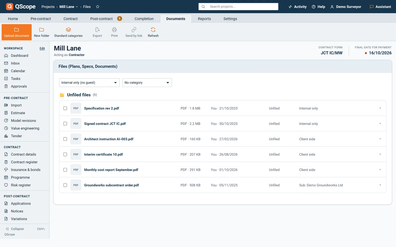 Files: specifications, contract, correspondence, certificates and reports with who uploaded them, when and who can see them
