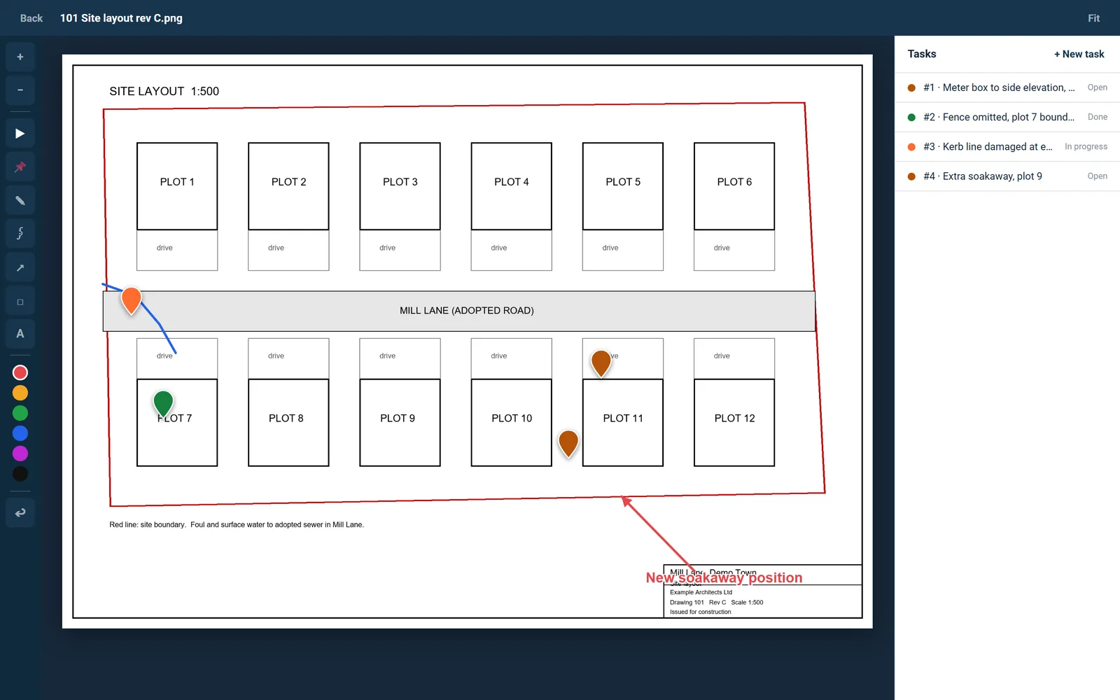 Drawing viewer: site layout with numbered pins, a box, an arrow and a text note, and the pin list beside the drawing