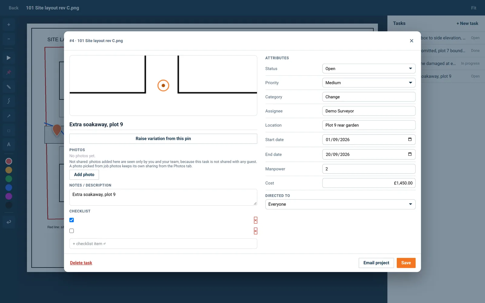 A pin opened on the drawing: title, status, location, cost and the button Raise variation from this pin