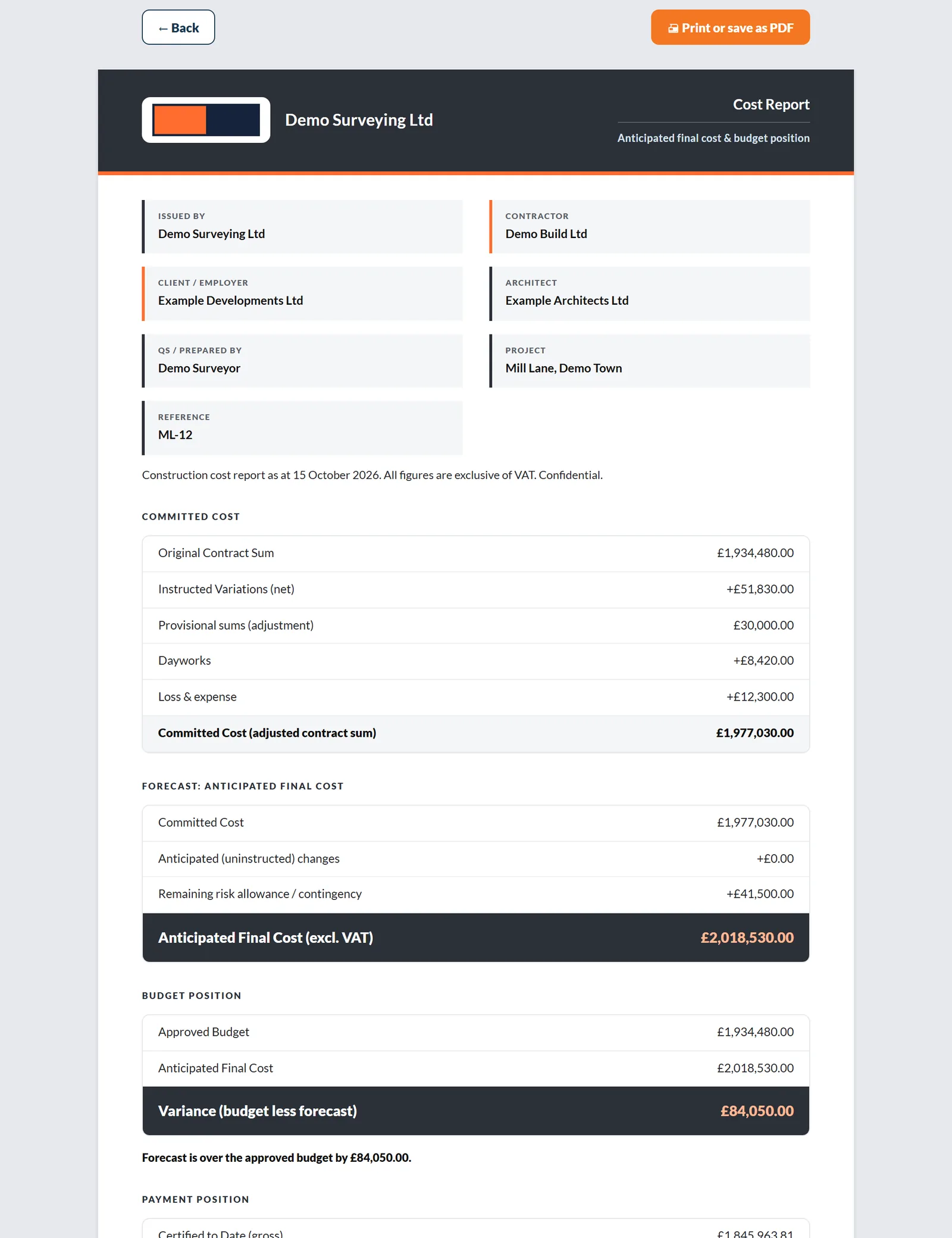 Printed Cost Report (RICS): budget, committed cost, anticipated final cost and contingency