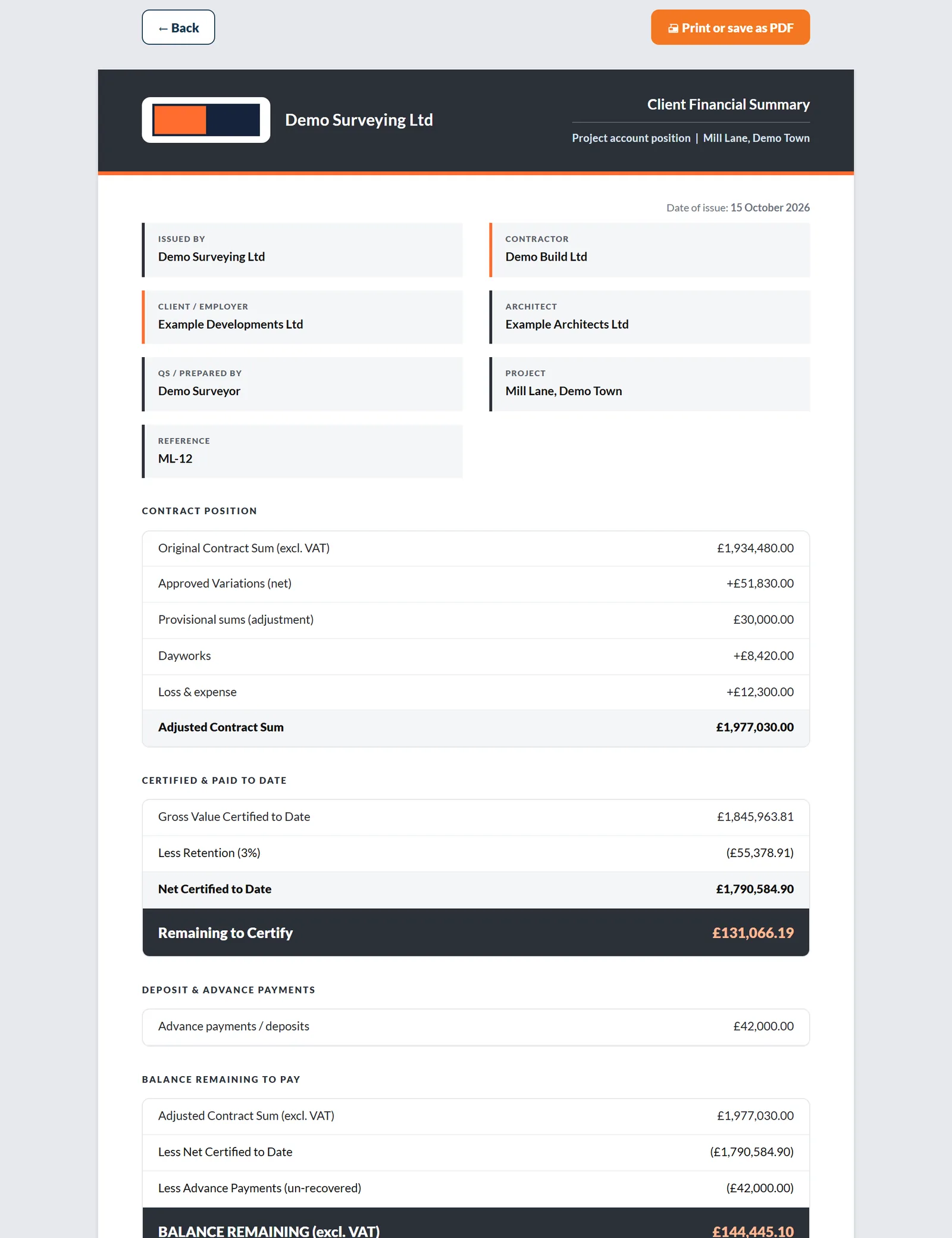 Printed Client Summary with contract sum, certified to date, variations and balance