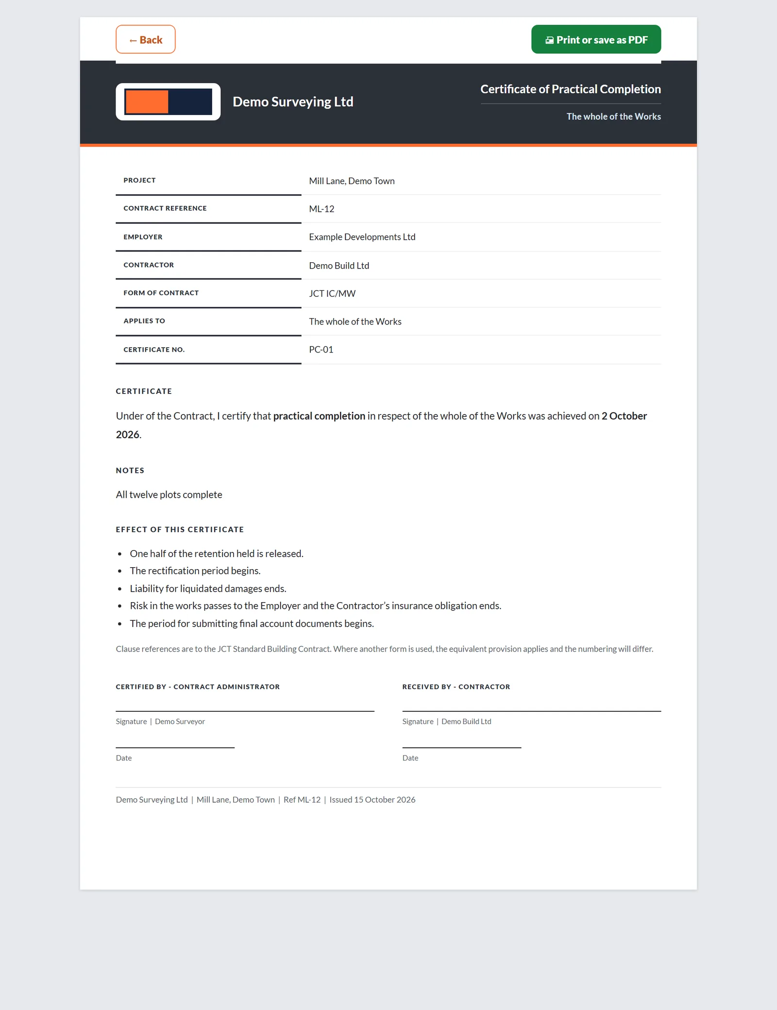 Printed Certificate of Practical Completion