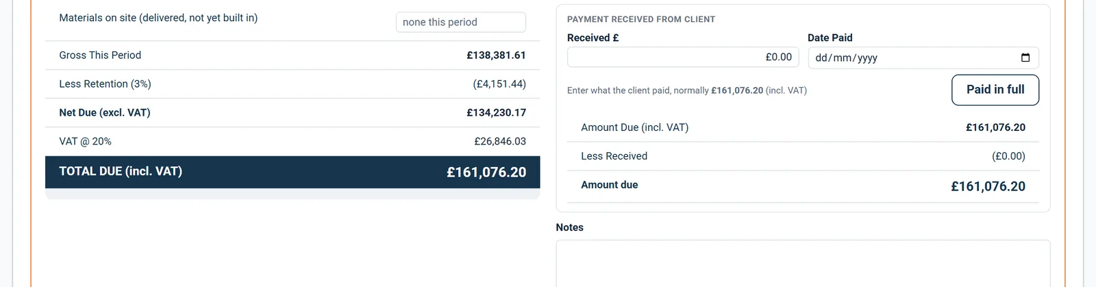 Money ladder on a certificate: gross this period, retention, net due, VAT and total due