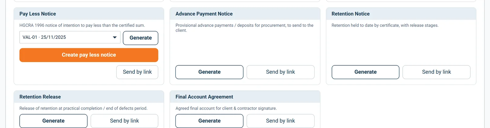 Reports screen: Pay Less Notice, Advance Payment Notice, Retention Notice and Retention Release cards