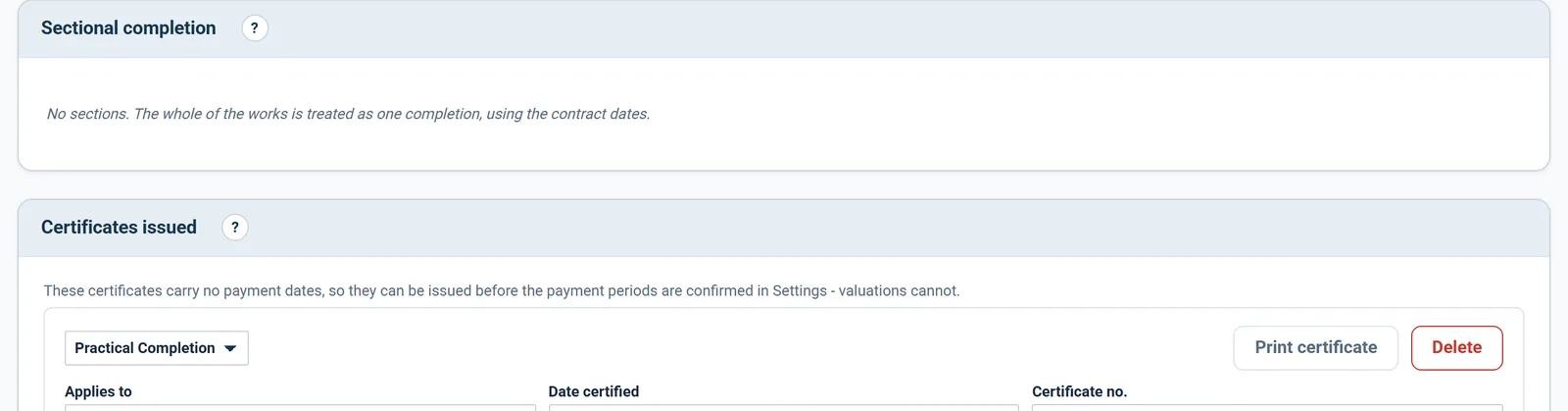 Sectional completion on the completion screen: add a section with its own value, dates and damages rate