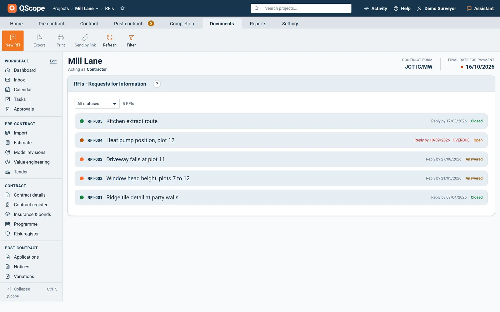 RFIs: numbered questions with reply-by date and status