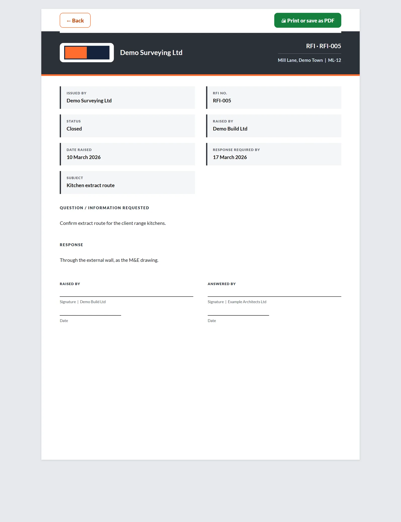 Printed request for information with the question, the answer and the dates