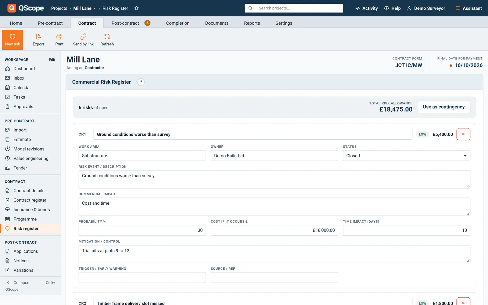 Commercial risk register: probability, cost, time impact and the total risk allowance