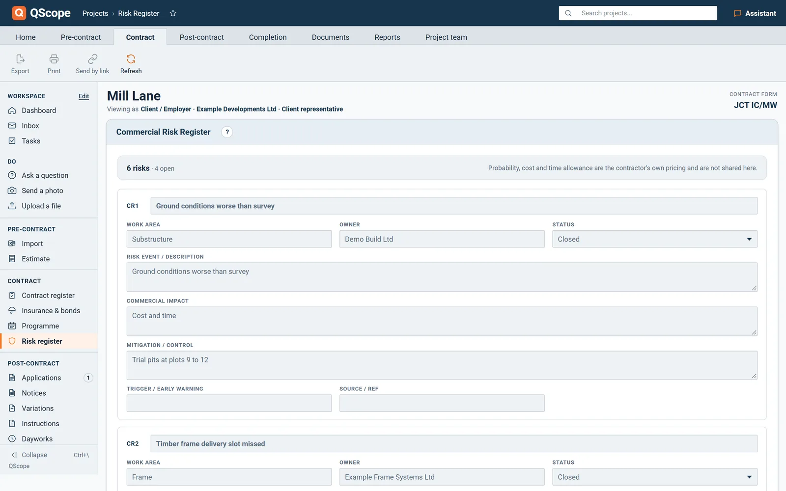 The risk register as the client guest sees it