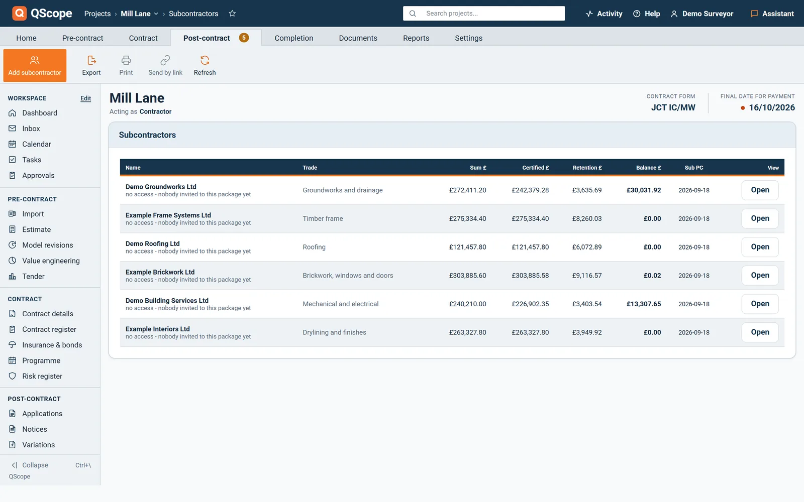 Subcontractors list: sum, certified, retention, balance and access for each package
