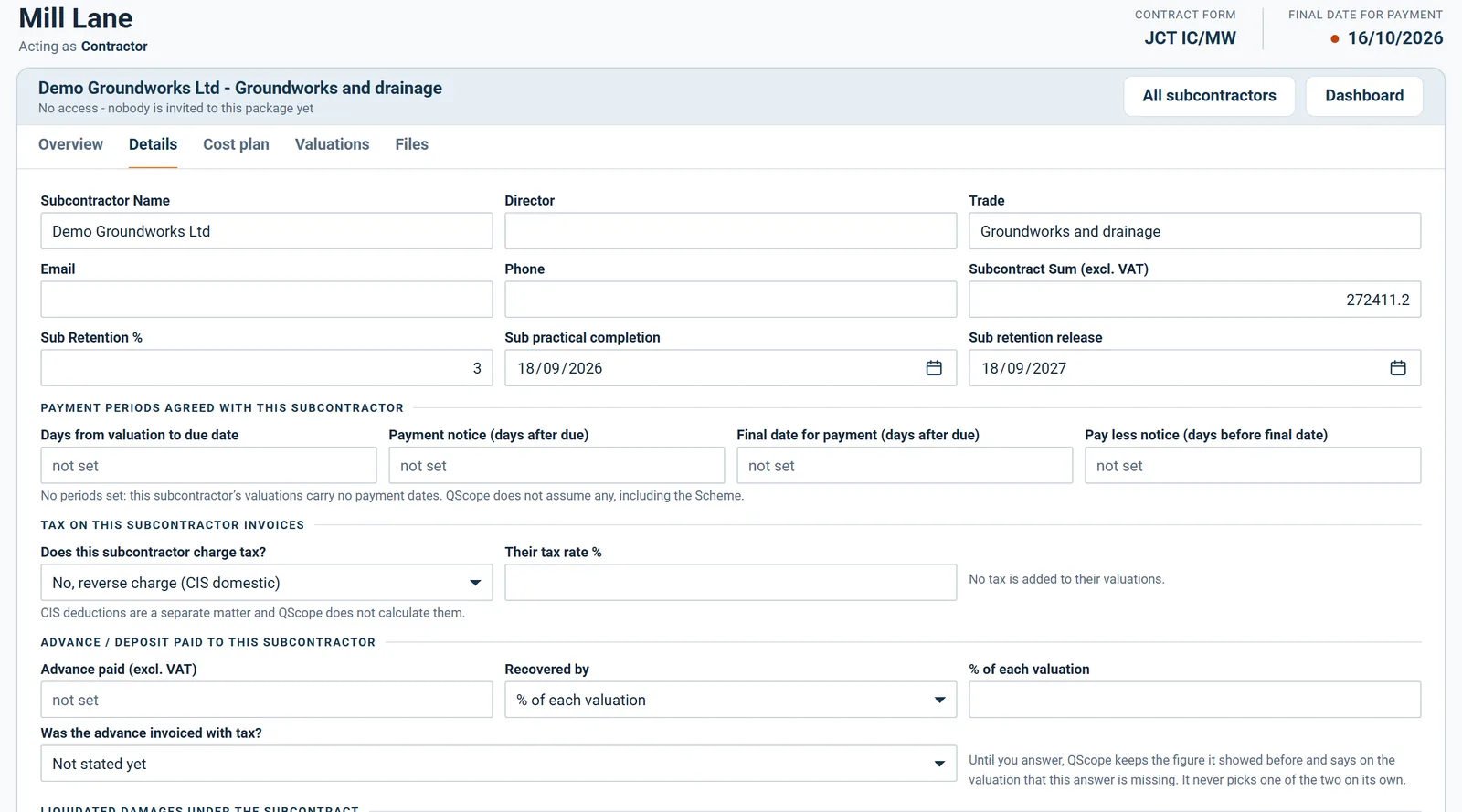 Subcontractor details: contacts, sum, retention, payment periods and tax