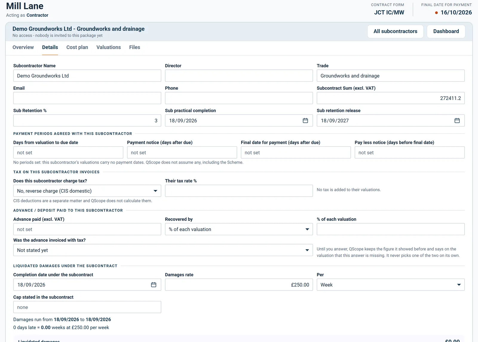 Subcontractor details: advance paid and how it is recovered