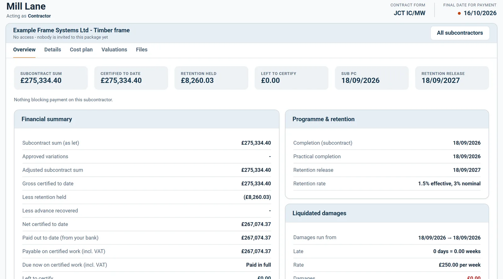 Subcontractor overview: certified, paid, retention and warnings