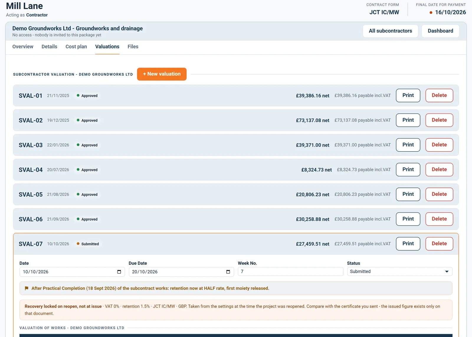 An approved subcontractor certificate, locked against change