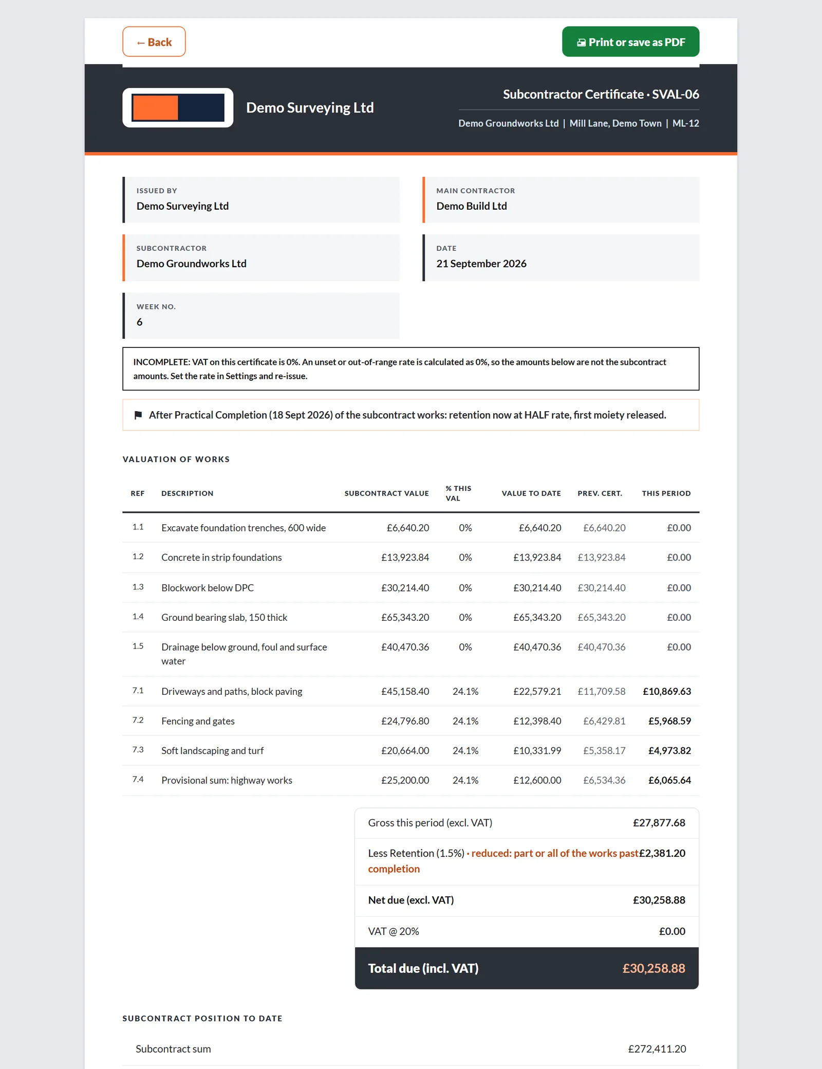 Printed subcontractor payment certificate