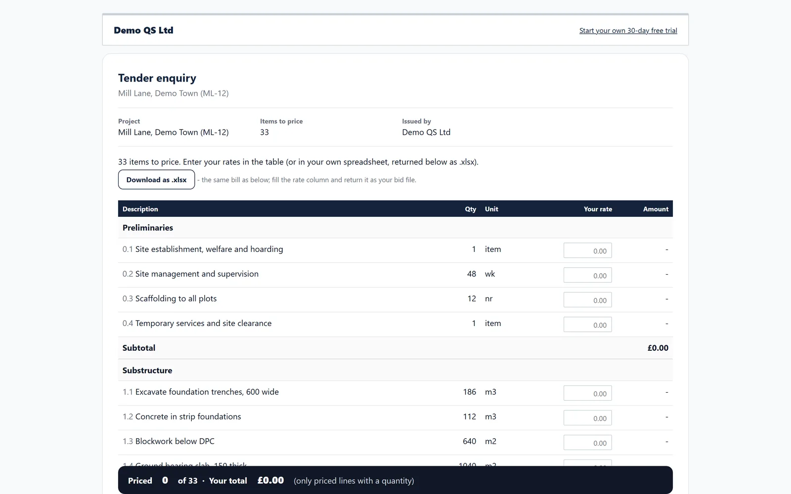 The bidder page: your scope with quantities and no rates, priced online
