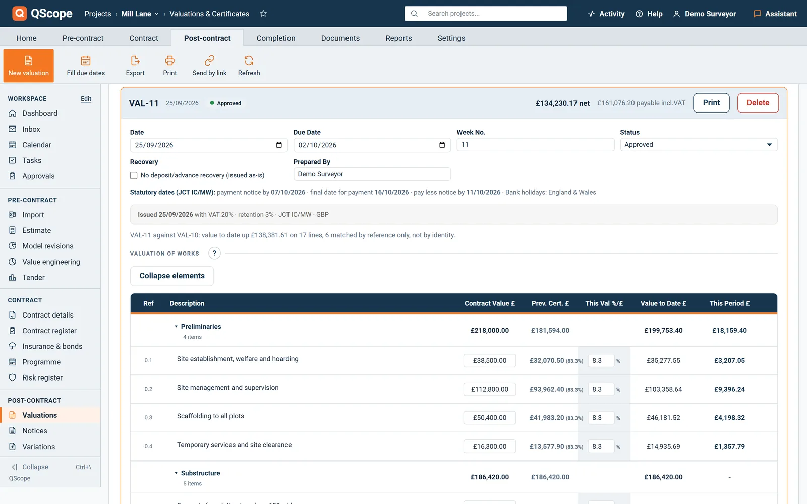 QScope Valuations and Certificates screen with valuation 11 open: dates, status and the certified amount