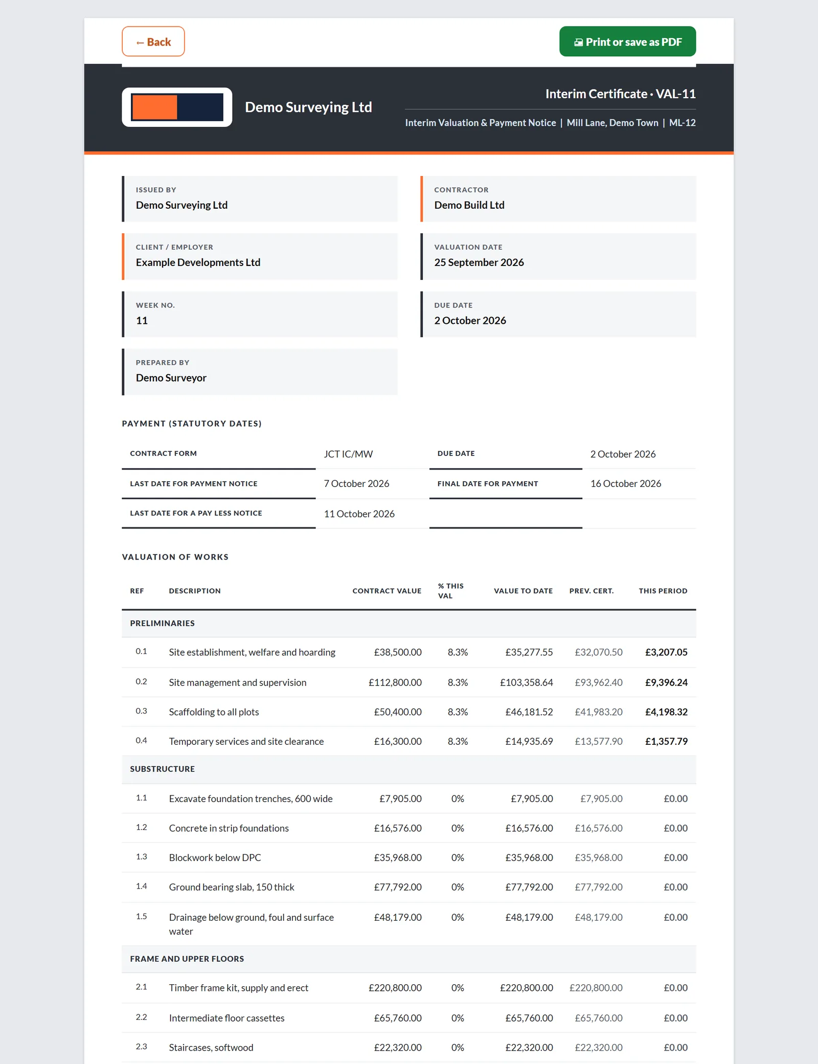 Printed interim certificate: payee, payer, gross valuation, retention, previous certificates, the sum due and the statutory dates