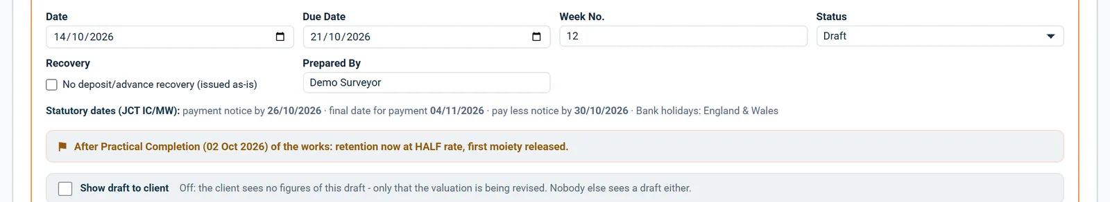Valuation header with date, due date, status and the statutory dates under the contract form