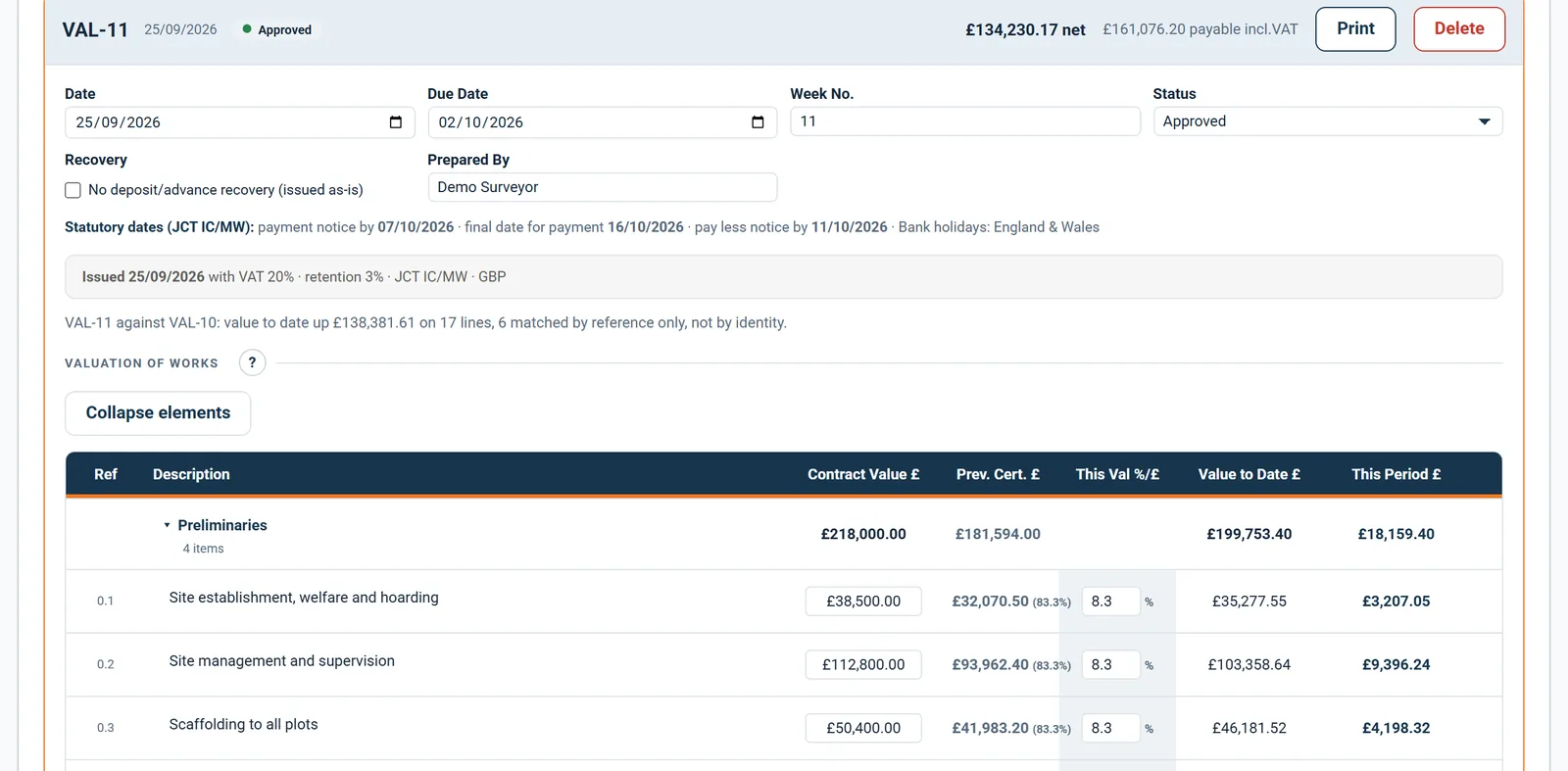 An approved certificate: its lines and figures locked, with payment received recorded against it