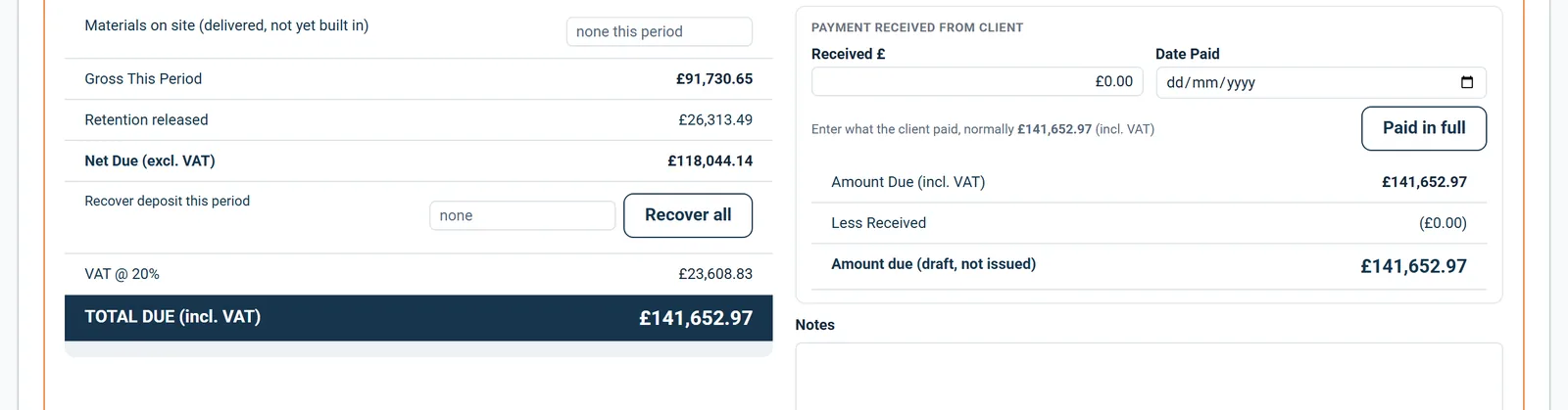 The money ladder on a valuation: gross this period, retention released, net due, VAT and total due