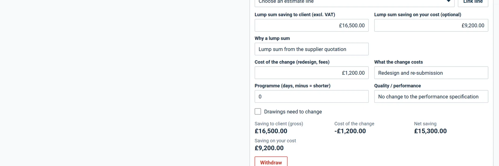 A proposal with its lump sum saving, the cost of the change and the net saving after it