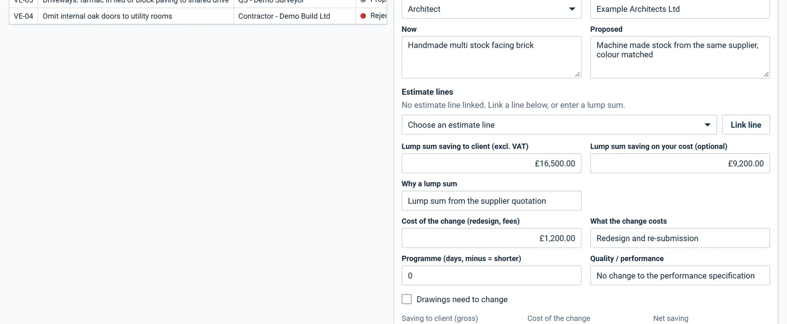 A proposal card: now and proposed side by side, and the estimate lines to link