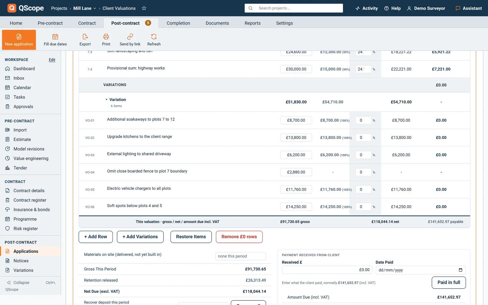 Approved variations as lines in the valuation