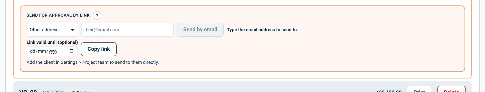 Send for approval by link on a pending variation: choose the recipient, set an expiry and copy the link
