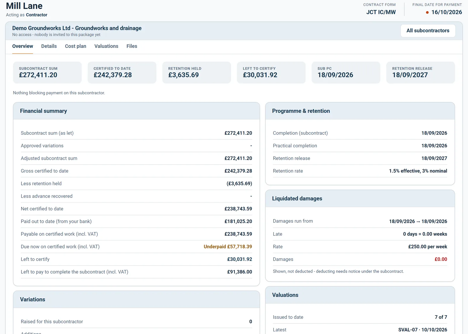 A subcontractor overview, kept apart from the client account