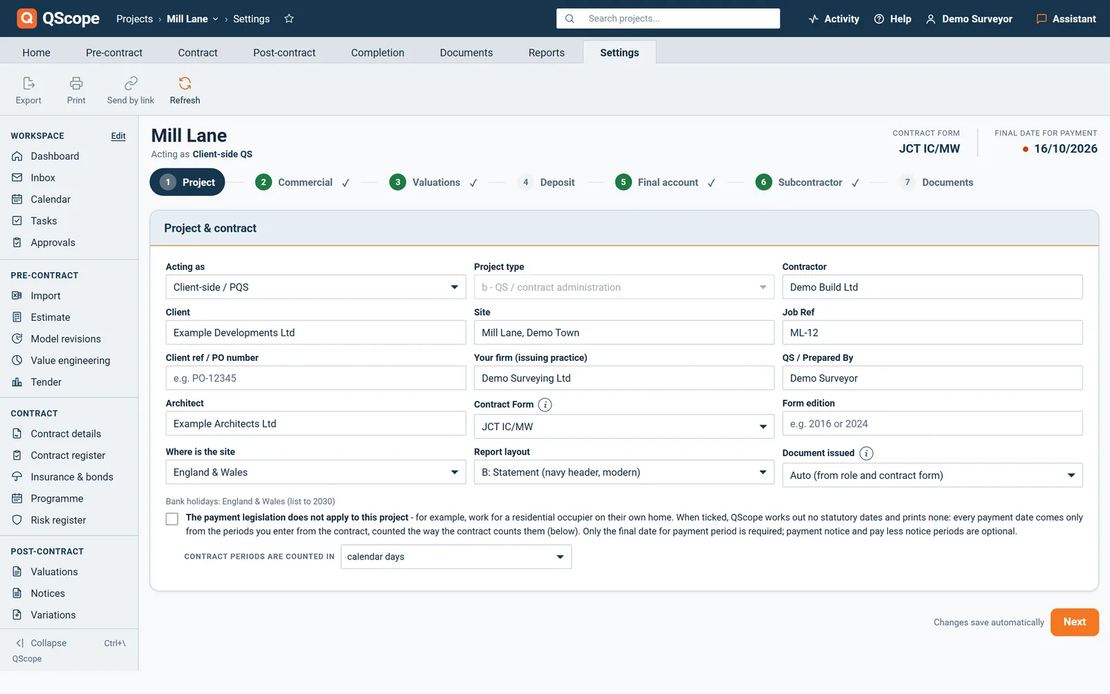 Settings: contract form, acting as, client, site and the payment periods