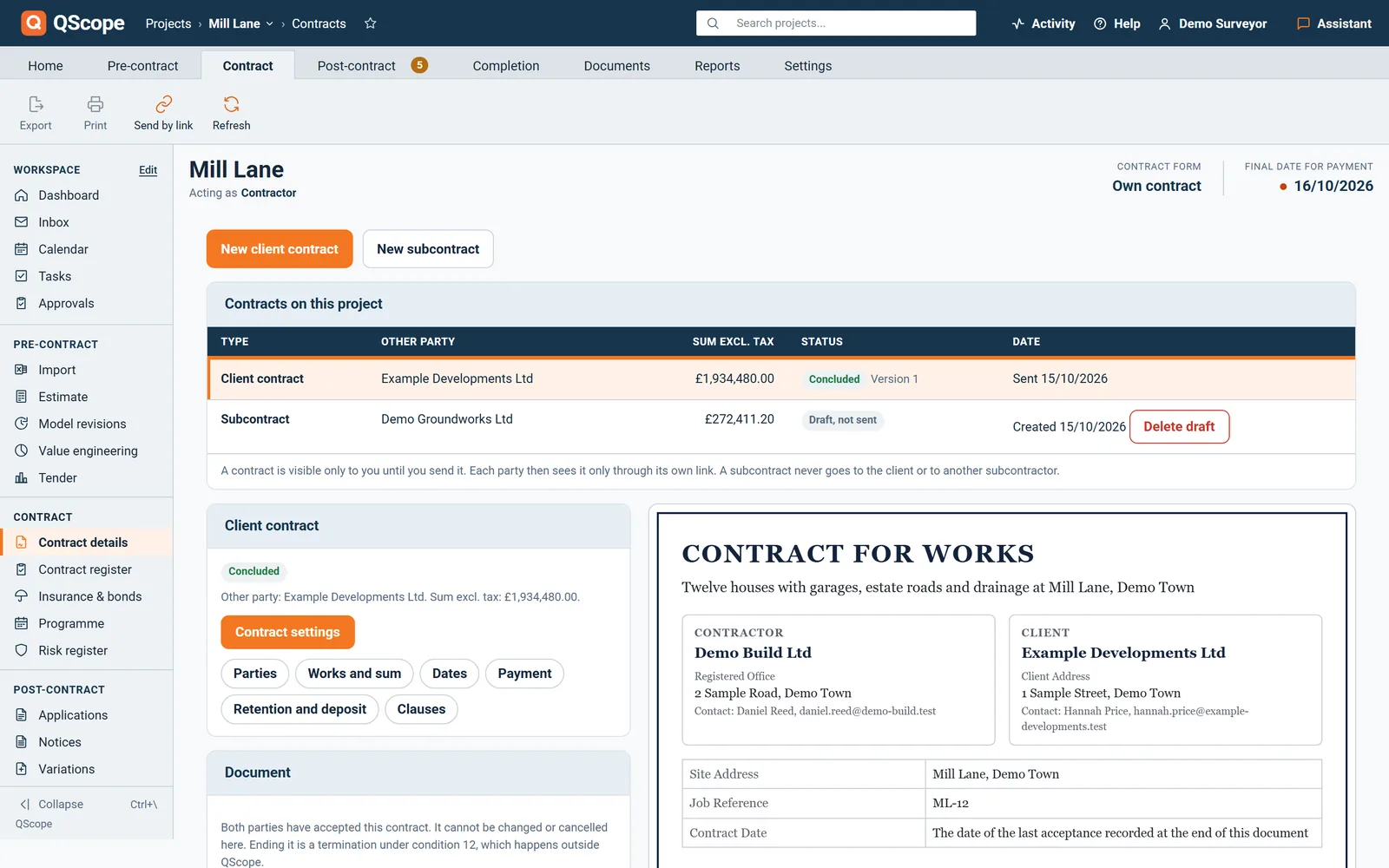 Contracts: the client contract and the subcontract on the project, with type, other party, sum, status and date